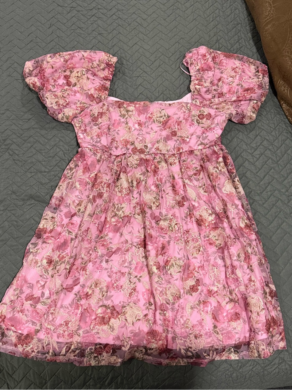 Francesca's Collections Pink Floral Puff-Sleeve Party Dress